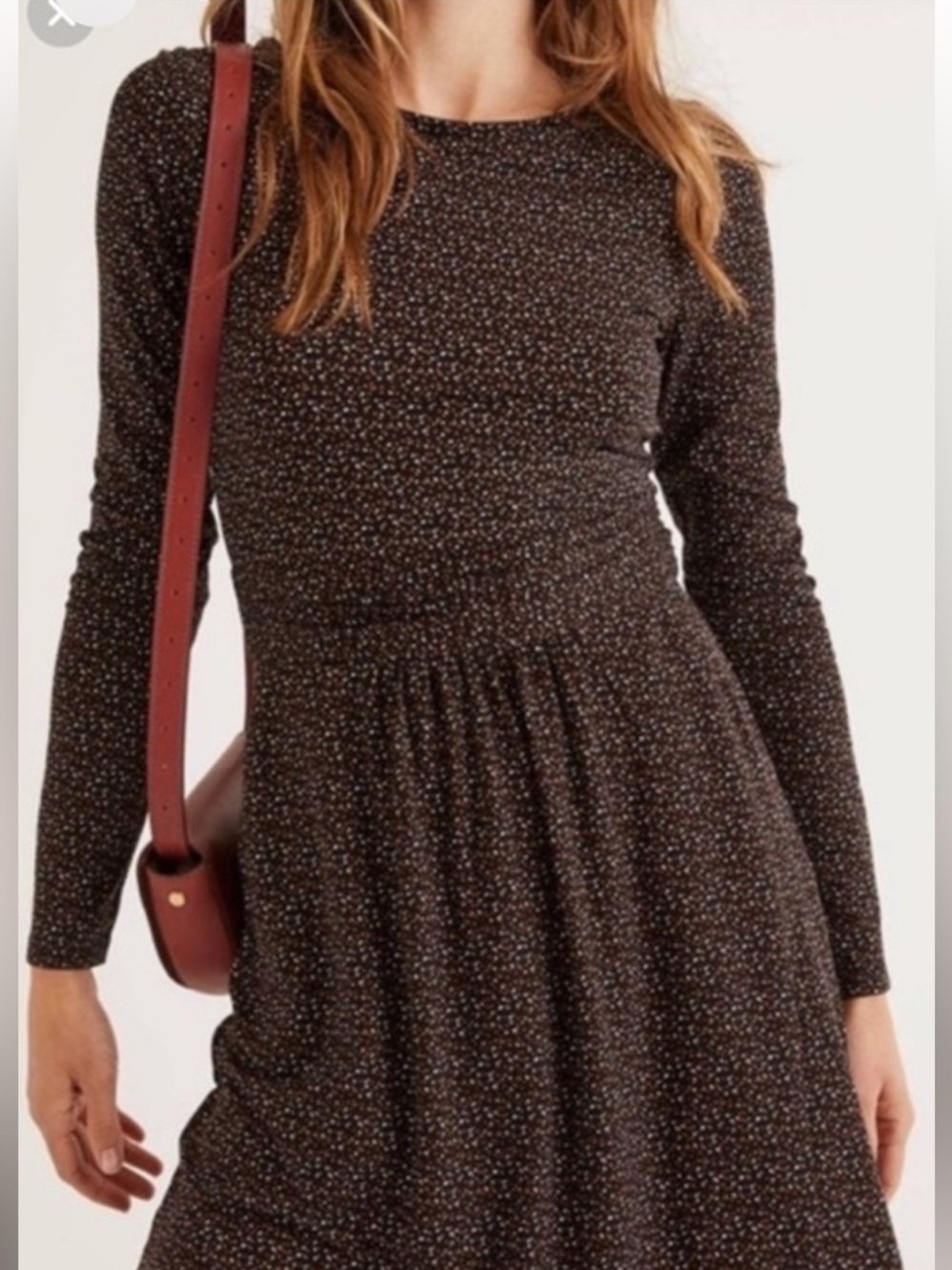 Boden Dark Brown Micro-Dot Print Long Sleeve Midi Dress